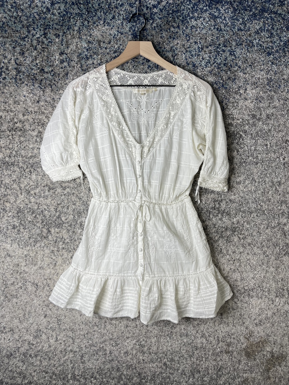 LoveShackFancy Dress Womens Petite Embroidered Lace Boho Mini Ruffle